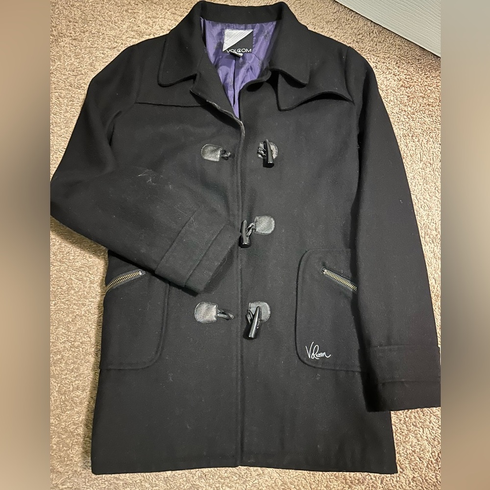 Volcom Black Pea Coat with Purple Interior